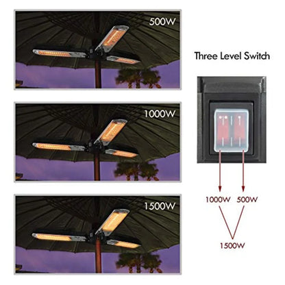Electric Parasol Patio Heater Folding Electric Outdoor Umbrella Space Heater with 3 Infrared Heating Lamps for Pergola