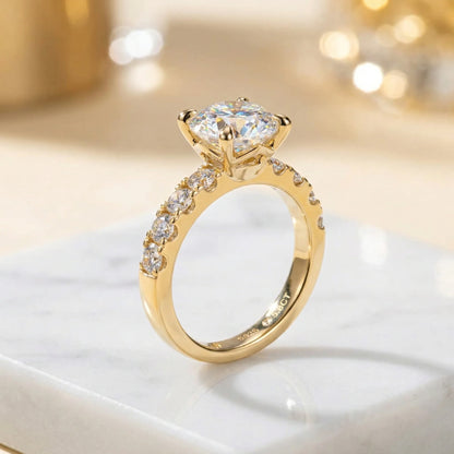 3.5 Carat White Moissanite Ring, 925 Sterling Silver, 18K Gold Plated, 4 Prong Round Center with Side Stones, GRA Certificate