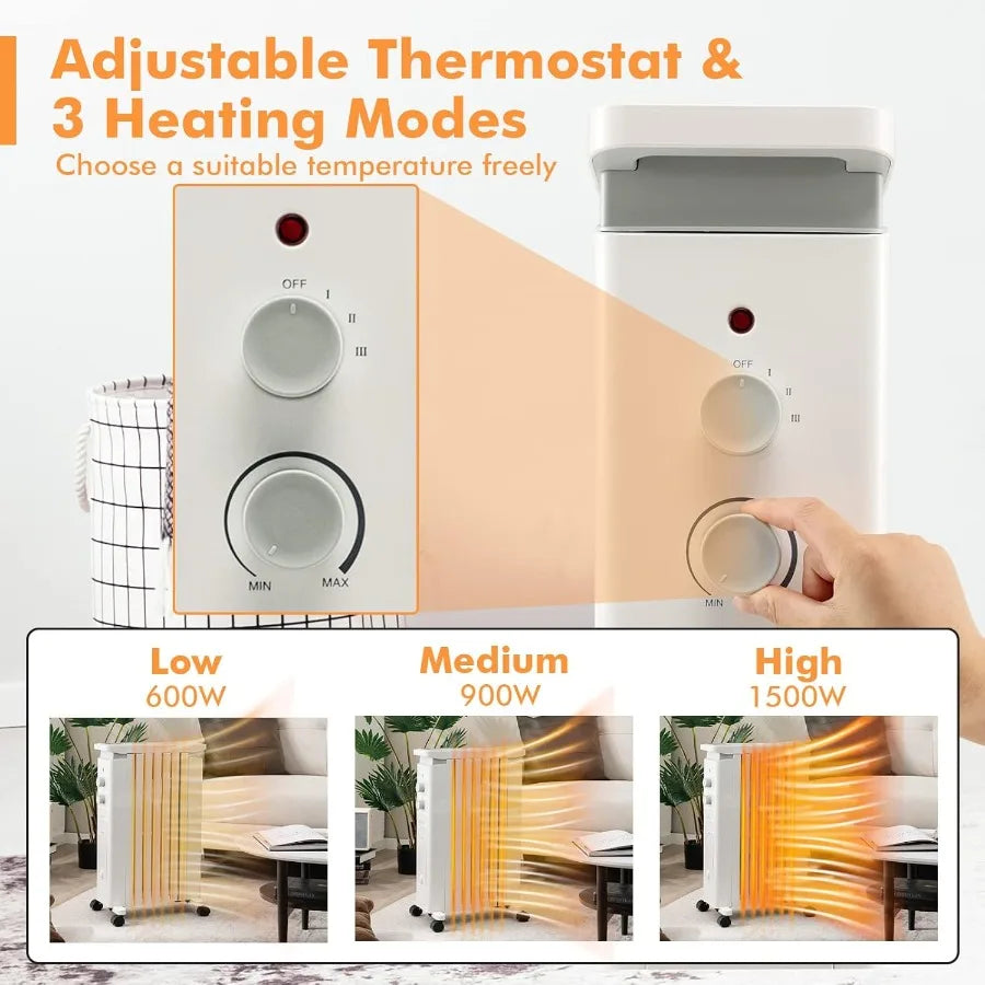 Oil-Filled Radiator Heater 1500W Electric Space Heater with 3 Heat Settings Thermostat Overheat Tip-Over Protection Hanging Rac