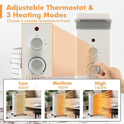 Oil-Filled Radiator Heater 1500W Electric Space Heater with 3 Heat Settings Thermostat Overheat Tip-Over Protection Hanging Rac