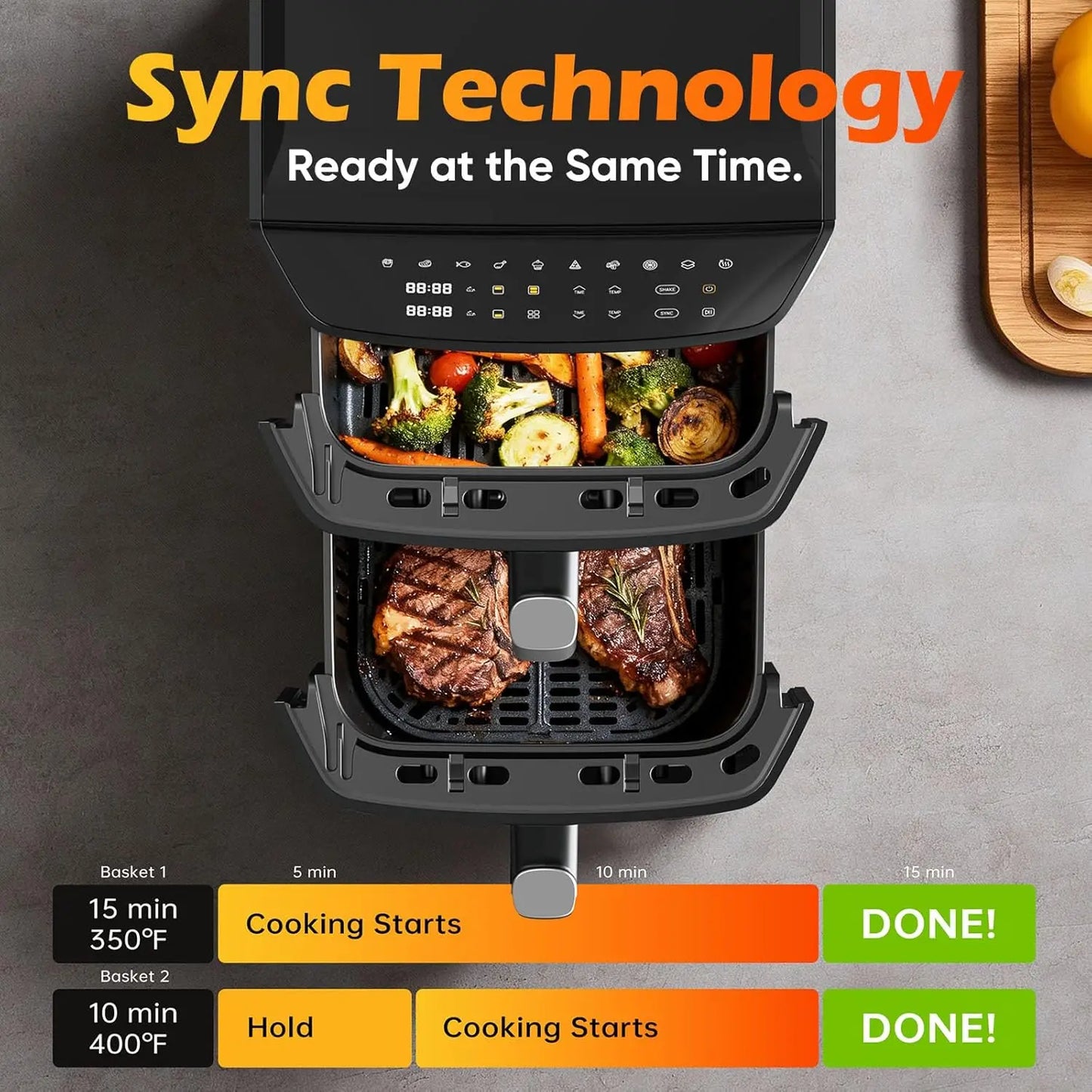 12.6QT Dual Basket Air Fryer for 10-12 People, XL Basket Fits 6LB Chicken, 10-in-1 Functions with SyncFinish