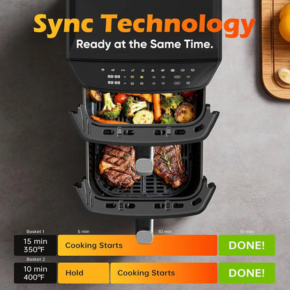12.6QT Dual Basket Air Fryer for 10-12 People, XL Basket Fits 6LB Chicken, 10-in-1 Functions with SyncFinish