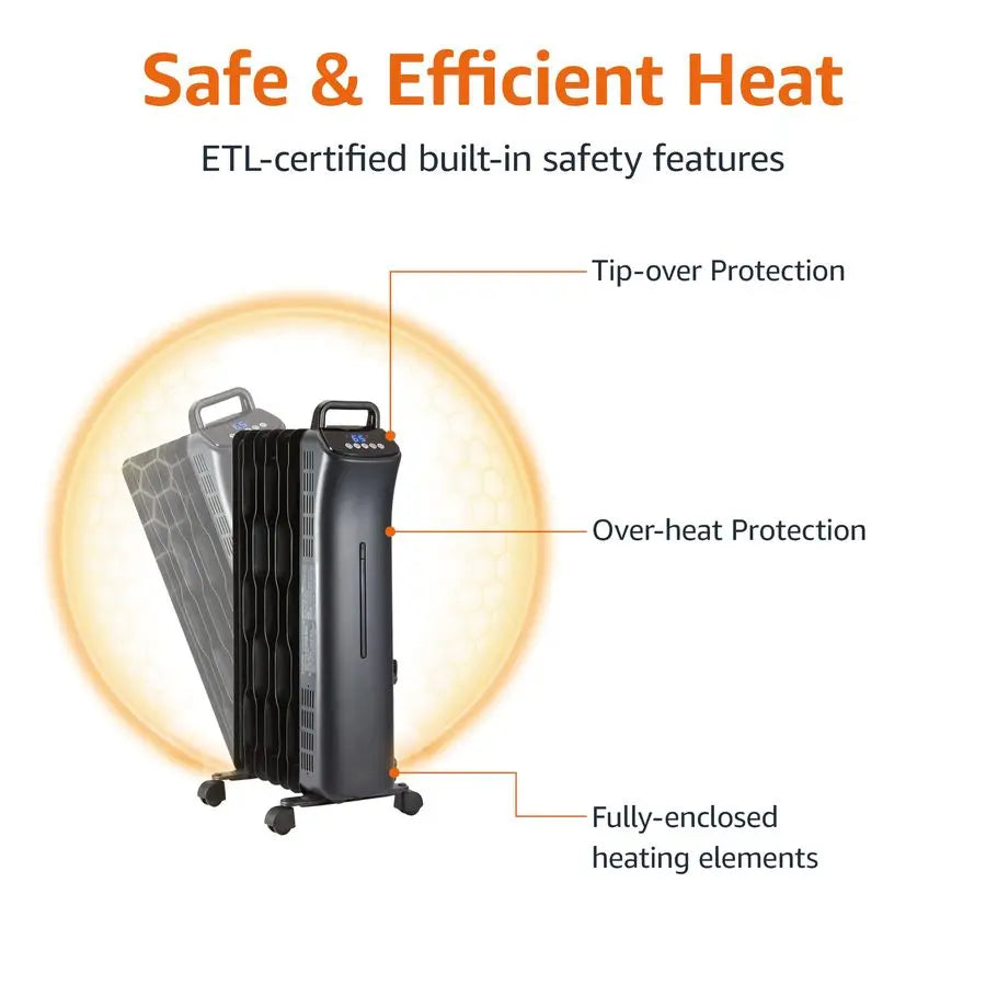 Portable Oil Space Heater with Remote Control, 7 OilFilled Fins, Adjustable Thermostat, 3 Heat Settings, TipOver and Overheat Pr