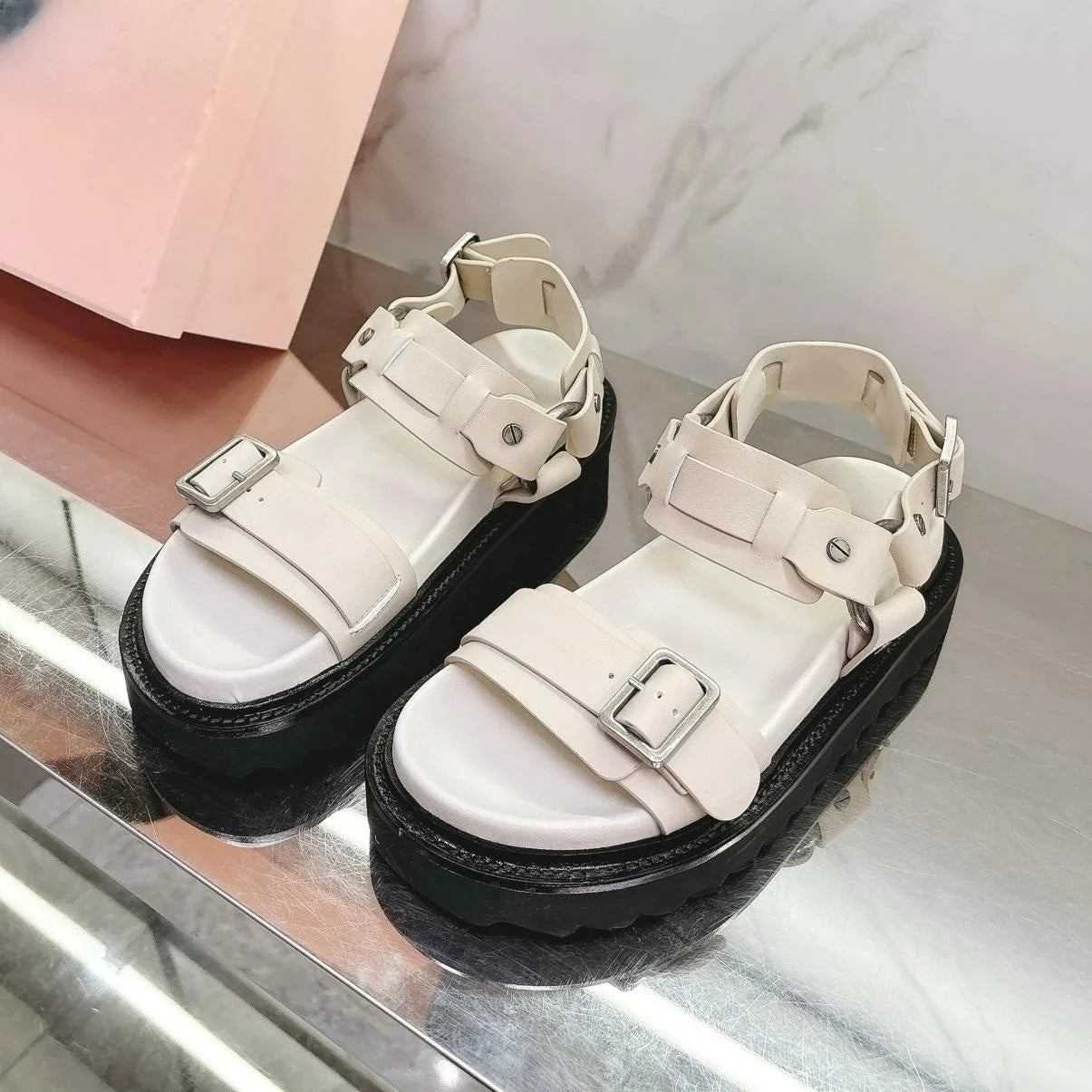 2025 Summer Newest Retro Genuine Leather Open-Toe Thick Sole Buckle-Strap Woman Sandals Mary Janes Beacg Shoes Mules