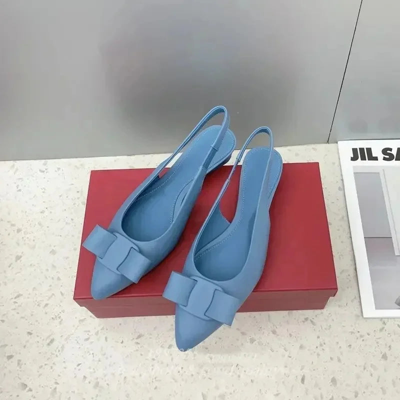 2026 spring and summer new leather pointe women's sandals low heel wedge bow shallow mouth simple sandals