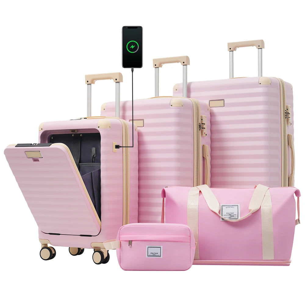 Front Opening Expandable Hardside 5 Piece Luggage Set with USB Port TSA Lock Cup Holder Spinner Wheels Duffel Bag Toiletry Bag