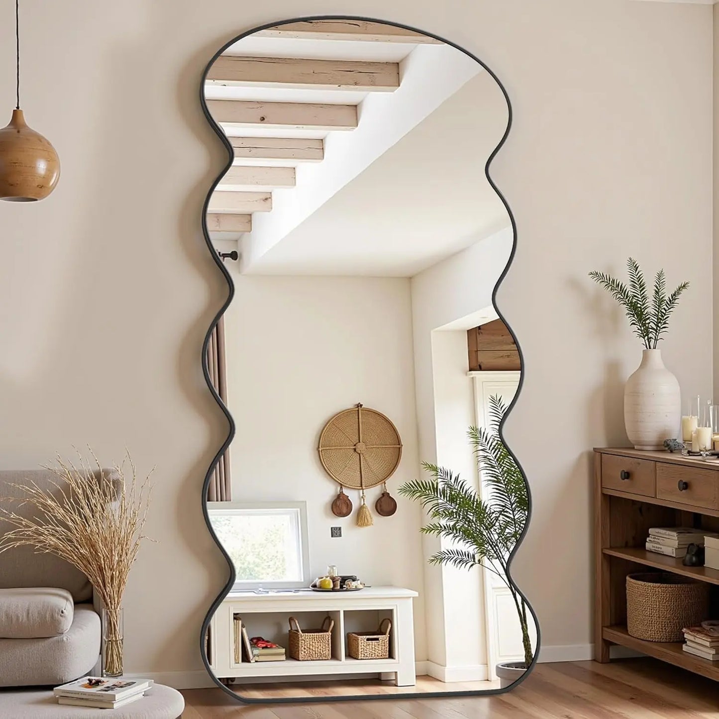 71"x28" Wavy Full Length Mirror with Stand for Bedroom, Living Room, Black - Tiltable & Wall Mountable