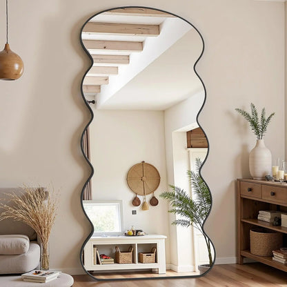 71"x28" Wavy Full Length Mirror with Stand for Bedroom, Living Room, Black - Tiltable & Wall Mountable