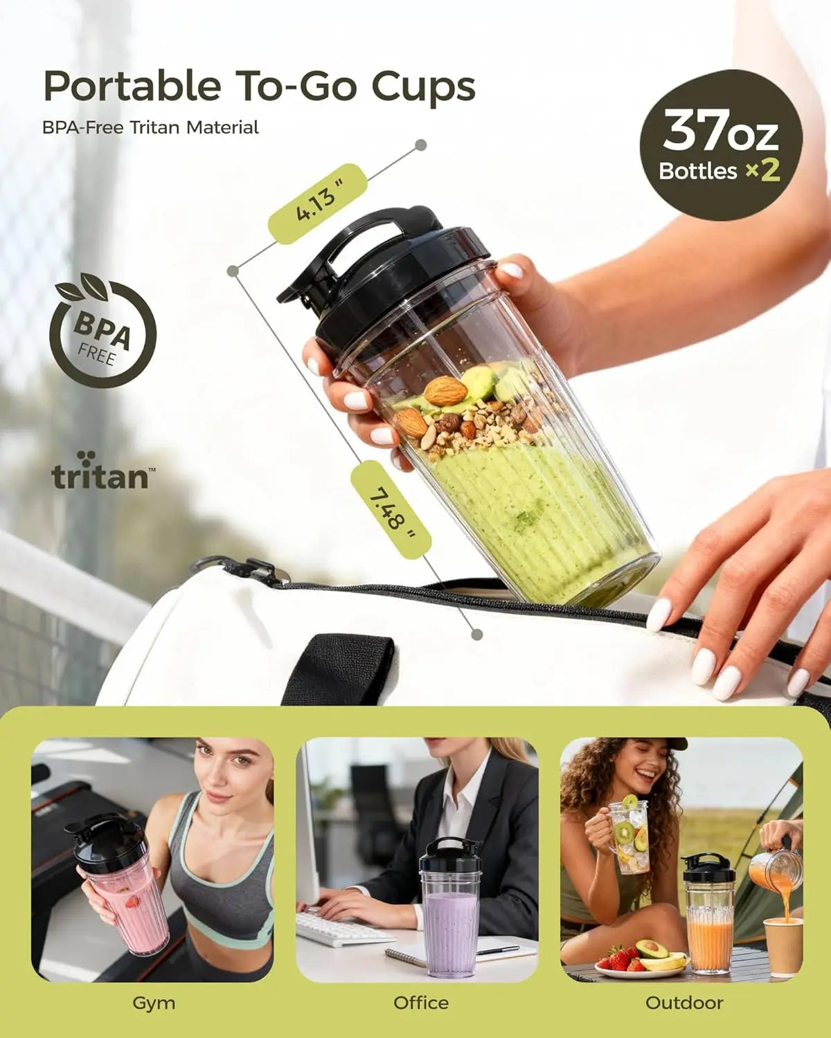 1000W Personal Blender for Smoothies and Shakes with Portable Cups, Ice Crushing, Bean Grinding, Black