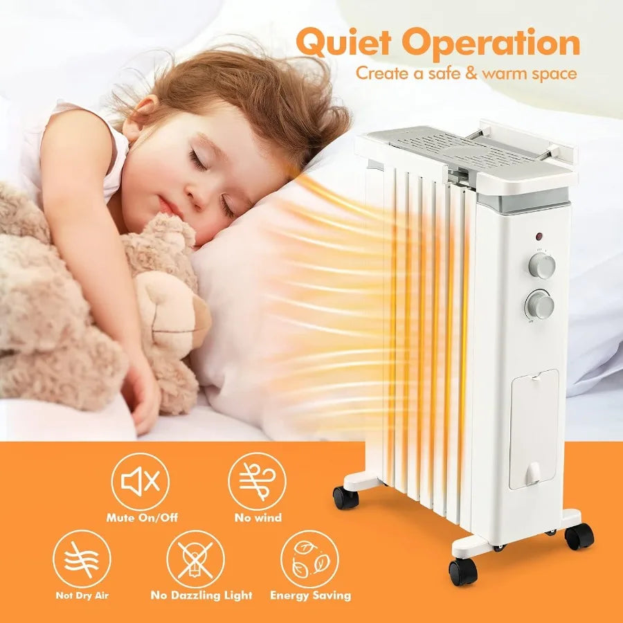Oil-Filled Radiator Heater 1500W Electric Space Heater with 3 Heat Settings Thermostat Overheat Tip-Over Protection Hanging Rac