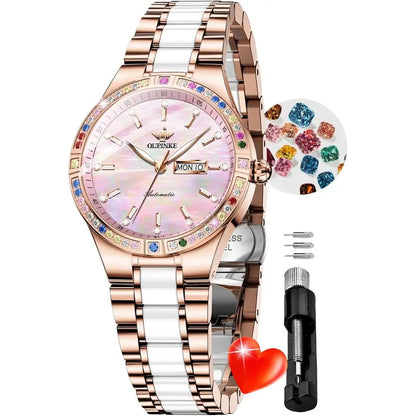 OUPINKE Women Automatic Watches Colorul Diamond Elegant Luxury DrLadies Rose Gold Mechanical Sapphire Crystal Wrist Watch