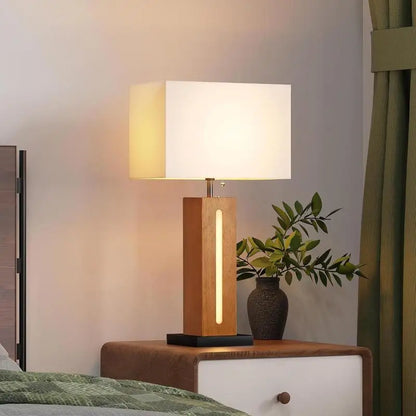 Set of 2 Modern Dimmable Bedside Lamps with LED Nightlight, Rustic Square Wood Grain Nightstand Lamps with Linen Shades for