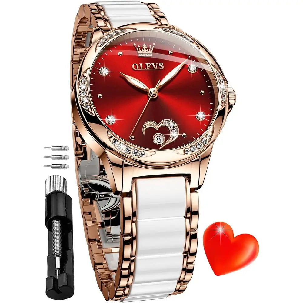 OLEVS Automatic Watch or Women Luxury Diamond Rose Gold Ladies Sel Winding Mechanical Ceic Wrist Watch Love Heart Date