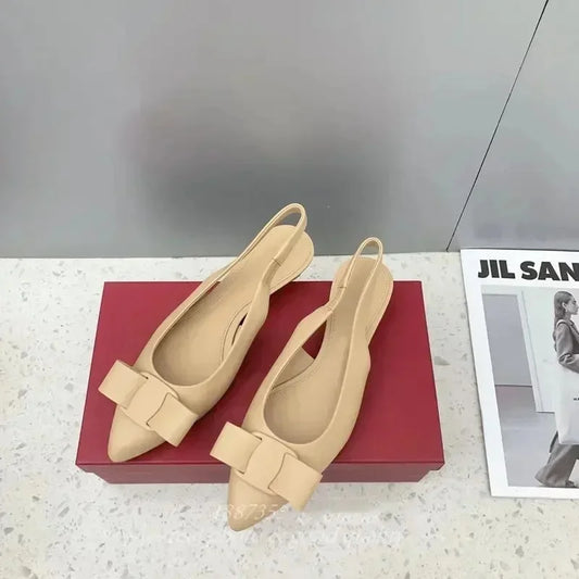 2026 spring and summer new leather pointe women's sandals low heel wedge bow shallow mouth simple sandals
