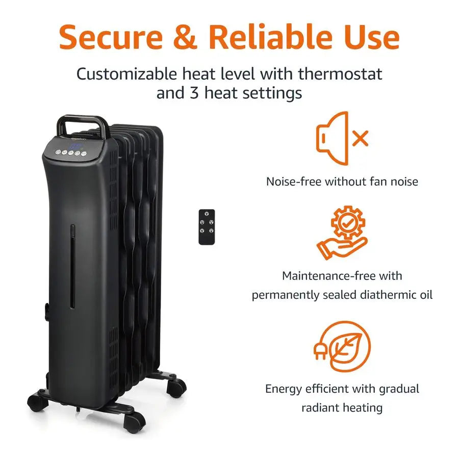 Portable Oil Space Heater with Remote Control, 7 OilFilled Fins, Adjustable Thermostat, 3 Heat Settings, TipOver and Overheat Pr