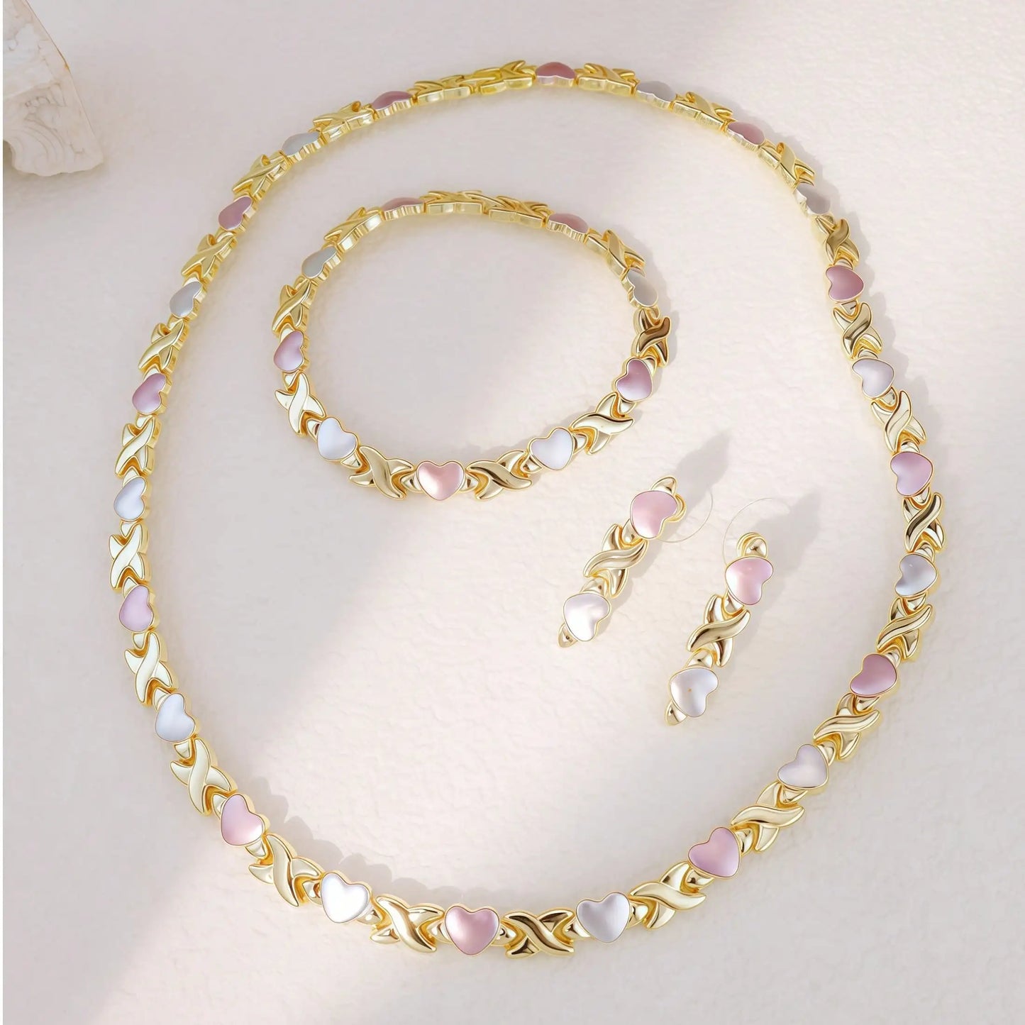 Gold Plated Heart Necklace & Earrings Set for Women, Tricolor XOXO Design, Wedding Bridal Dress Accessory