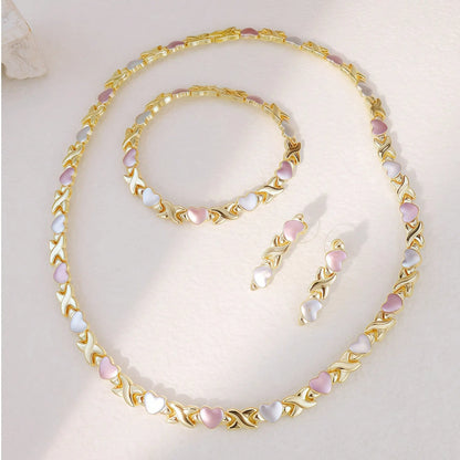 Gold Plated Heart Necklace & Earrings Set for Women, Tricolor XOXO Design, Wedding Bridal Dress Accessory