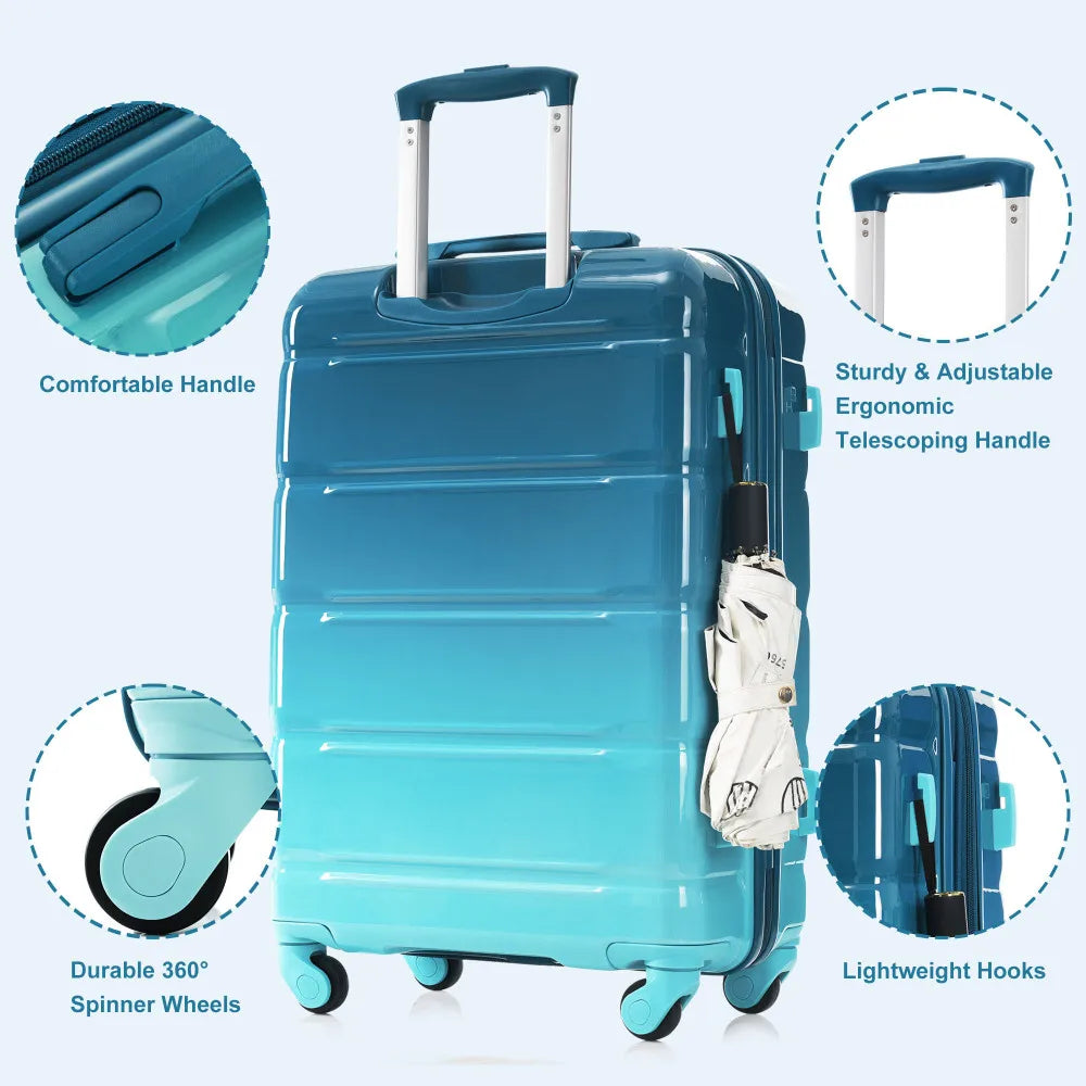 Luggage Sets 5 Piece 20-inch with USB Port ABS+PC Hard Shell Luggage with Travel Bag Spinner Wheels Durable Suitcase Blue