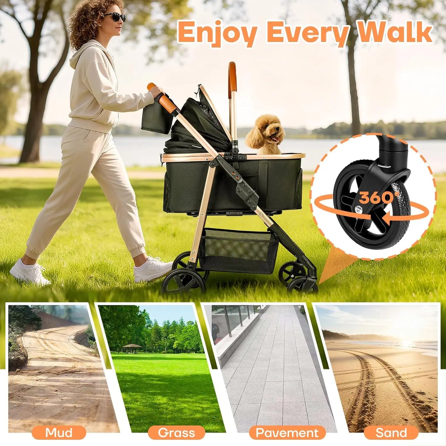 Foldable 3-in-1 Pet Stroller for Small/Medium Dogs Cats up to 50 lbs, with Carrier, Storage Basket, Rain Cover