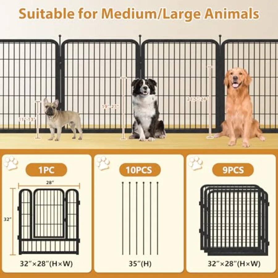 Outdoor 10 Panels Heavy Duty 32 H x 28 W Anti-Rust Dog Fence Foldable Metal Play Pen with 1 Gate for Medium/Large Pets in Gray