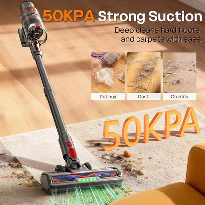 Rechargeable 600W 50KPA Stick Vacuum Cleaner, 60-Minute Runtime, Strong Suction, Lightweight, Ideal for Home, Pet Hair, Carpets,