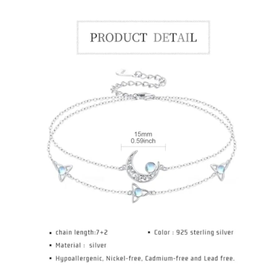 Moon Layered Bracelet 925 Sterling Silver Celtic Moon Moonstone Anklet Irish Celtic Knot Jewelry Gifts for Women