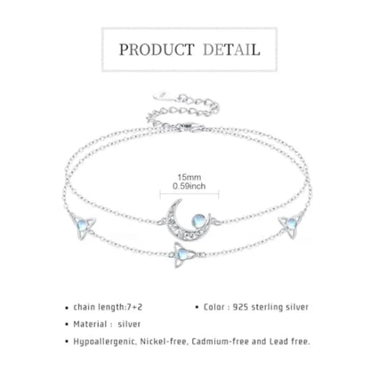 Moon Layered Bracelet 925 Sterling Silver Celtic Moon Moonstone Anklet Irish Celtic Knot Jewelry Gifts for Women