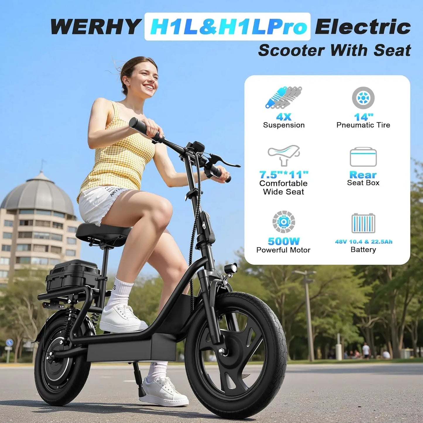Electric Scooter with Box,500W Motor, 14'' Tires, Top Speed 22 mph, Max 27/49 Miles Ranges, Foldable E-Scooter with Suspension