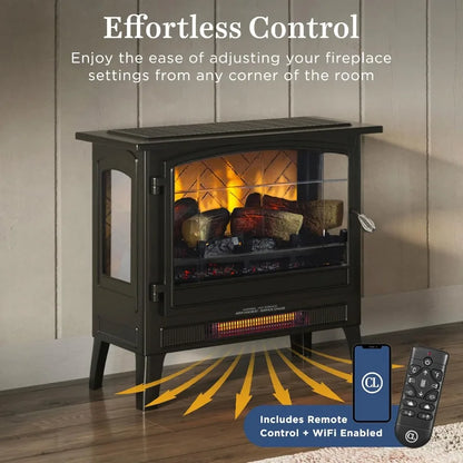 Infrared Freestanding Electric Fireplace Stove Heater in Bronze with Multiple Flame Colors and Faux Wooden Logs Metal Design Al