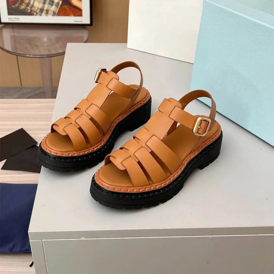 Shoes Women Size35-41 Genuine Leather Sandals Med Heels Gladiator Flat Platform Summer Flats Designer Shoes Zapatillas De Mujer