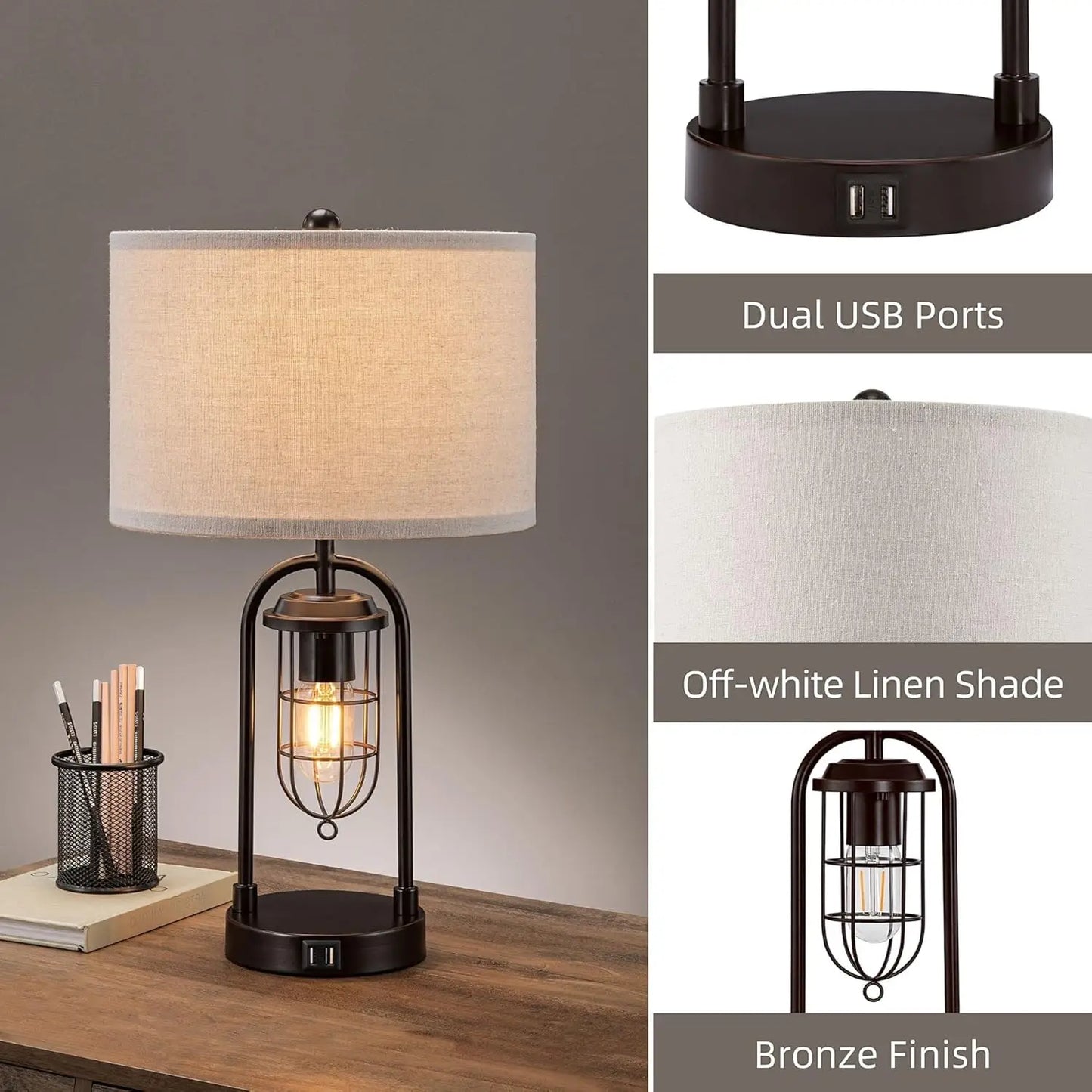Set of 2 Modern Table Lamps with USB Ports and Night Light for Living Room Bedroom, Bulbs Included