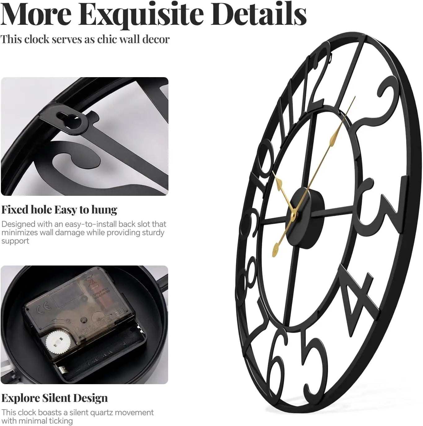 Large Wall Clock for Living Room Decor, 30 Inch Wall Clocks Battery-Operated Silent Non Ticking, Modern Black Decorative Metal C