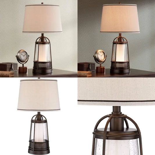 Industrial Rustic LED Nightlight Table Lamp 26 High Bronze Metal Seeded Glass Off-White Drum Shade