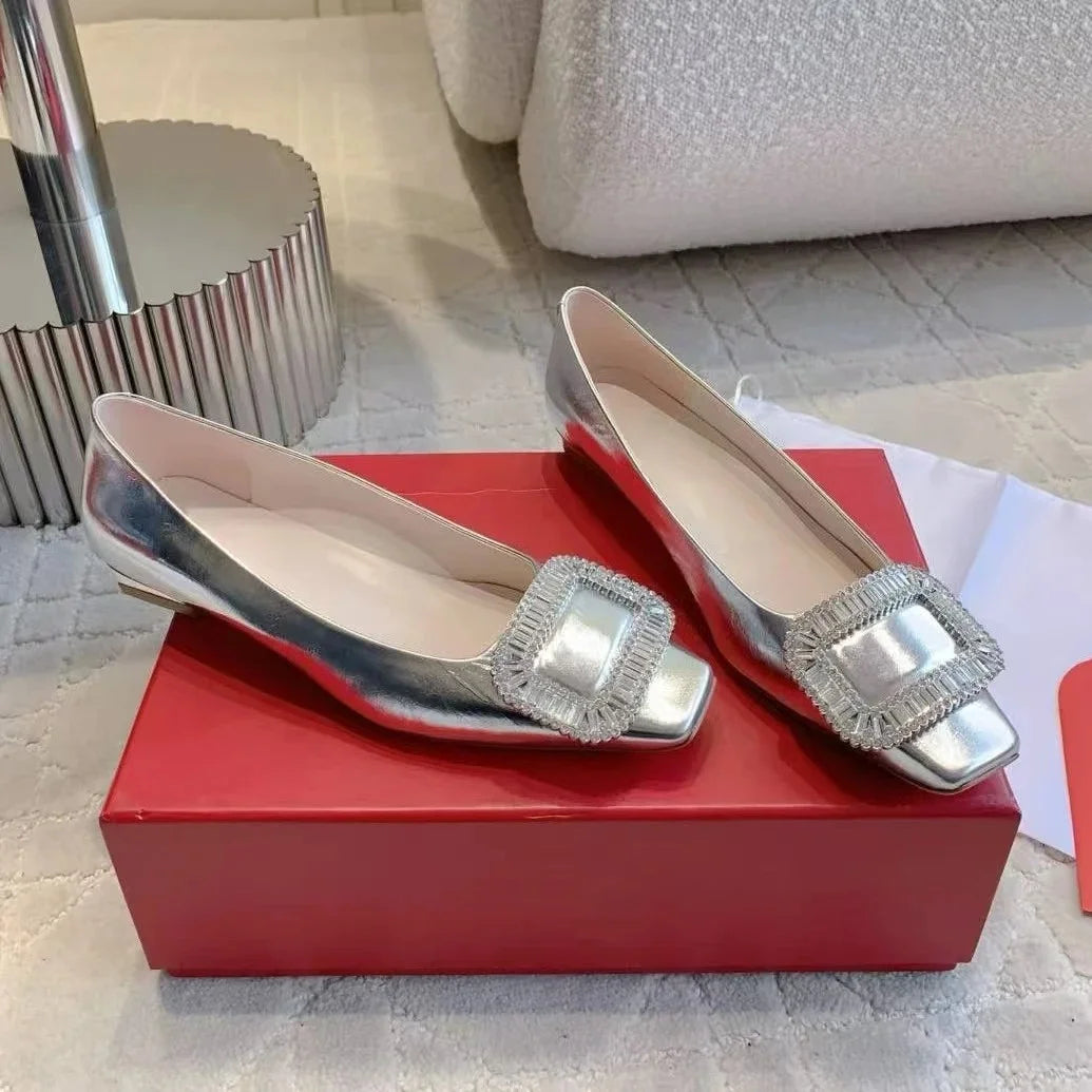 2026 Classic Silk Square-Toe Shallow Woman Flats Square-Button Decora  Mouth Single Shoes Willow Fashion Females Banquet