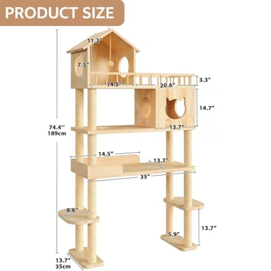 Wood Cat Tree for Automatic Litter Box 74.4" Tall Cat Tower for Self Cleaning Litter Box Cats Tree for Indoor Cats Large Adult