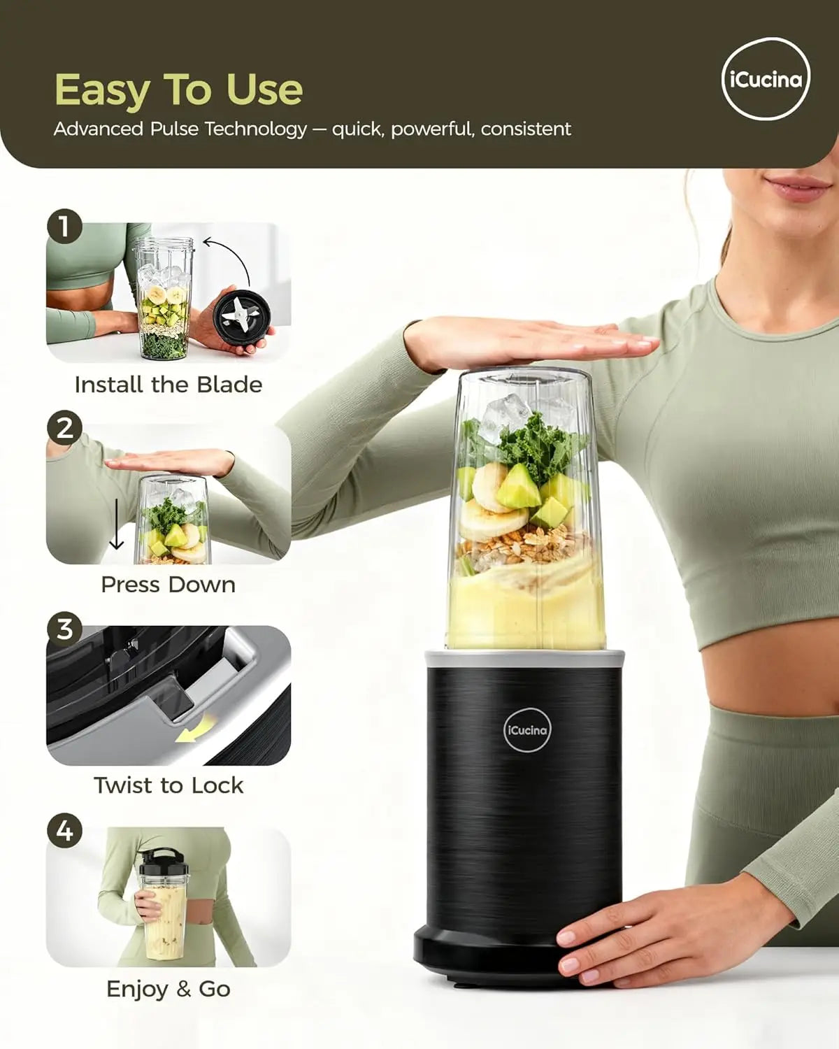 1000W Personal Blender for Smoothies and Shakes with Portable Cups, Ice Crushing, Bean Grinding, Black