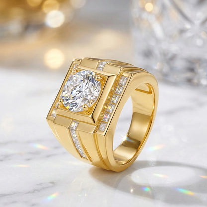 4 Carat Round Moissanite Ring, 925 Silver, D Color VVS1, Square Halo Channel Set, Men's Wedding Band, Pass Diamond Tester