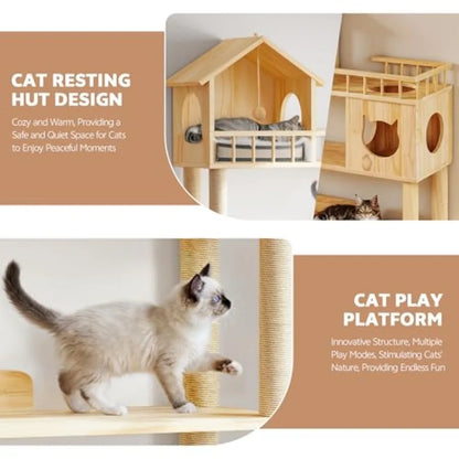 Wood Cat Tree for Automatic Litter Box 74.4" Tall Cat Tower for Self Cleaning Litter Box Cats Tree for Indoor Cats Large Adult