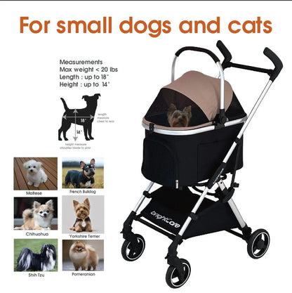 Lightweight Pet Stroller for Small Dogs & Cats Under 20 lb, Converts to Car Seat, One-Hand Fold