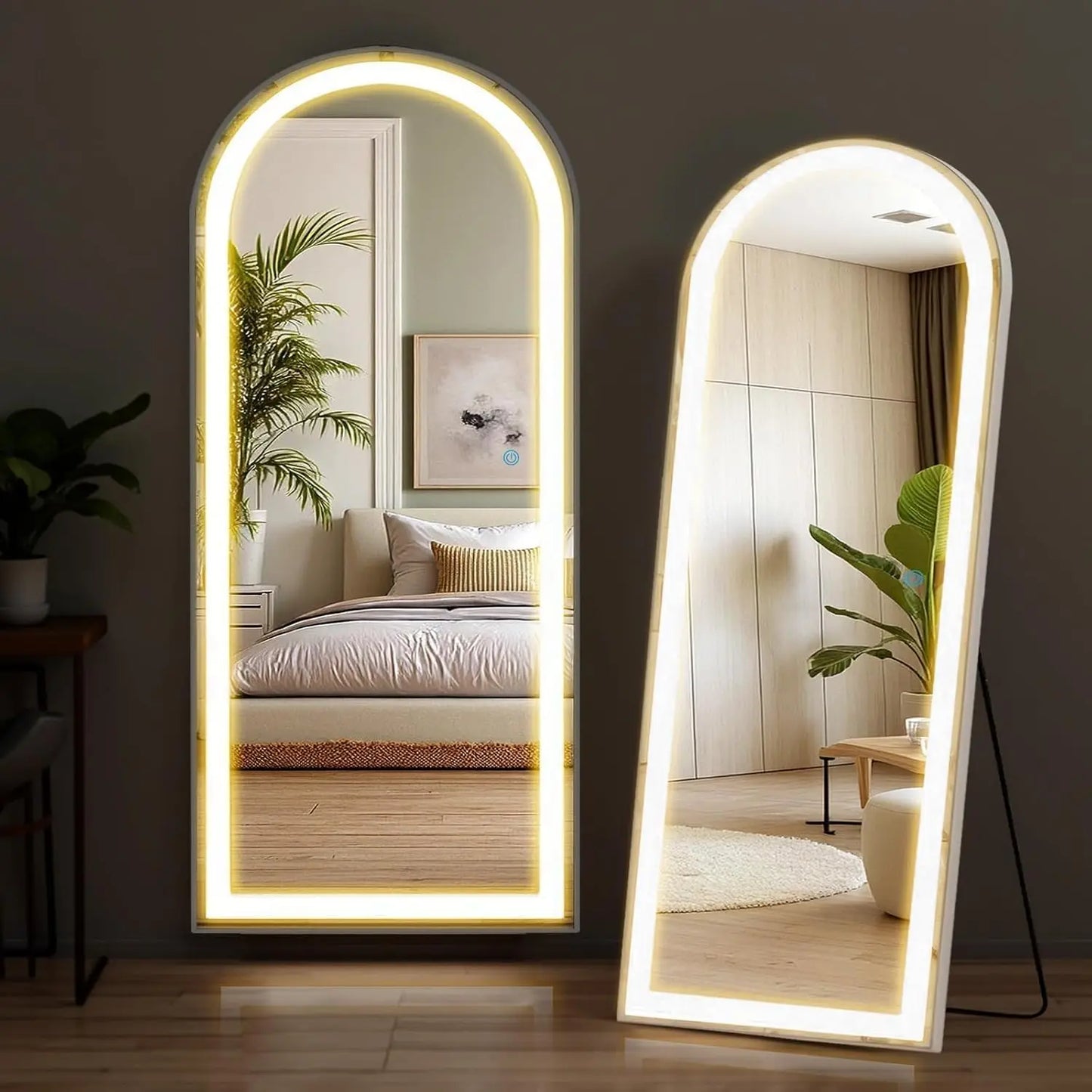Arched Full Length Mirror with Stand 21"×63", LED Light Floor Standing with 3 Color Lighting for Bedroom Body Hanging Modern Si