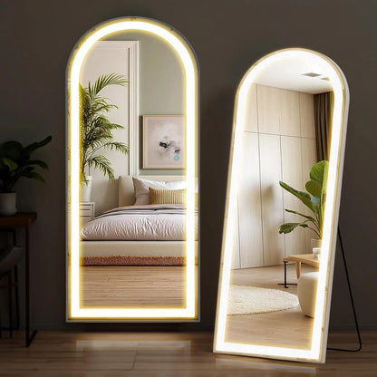 Arched Full Length Mirror with Stand 21"×63", LED Light Floor Standing with 3 Color Lighting for Bedroom Body Hanging Modern Si