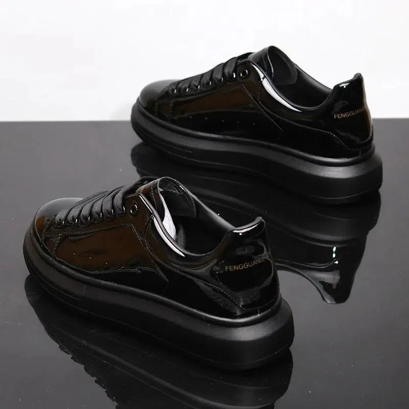 Luxury Shoes 2026 Trendy Men's Autumn New Glossy Black Casual Leather Shoes, Spring Fall Fashion Sneakers 5481