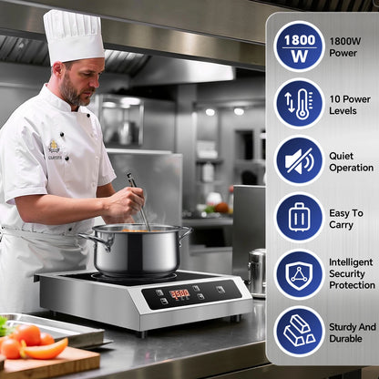 17" 1800W Portable Electric Burner with 10 Power Levels, 140°F-460°F Temp Control, Timer Stainless Commercial Induction Cooktop