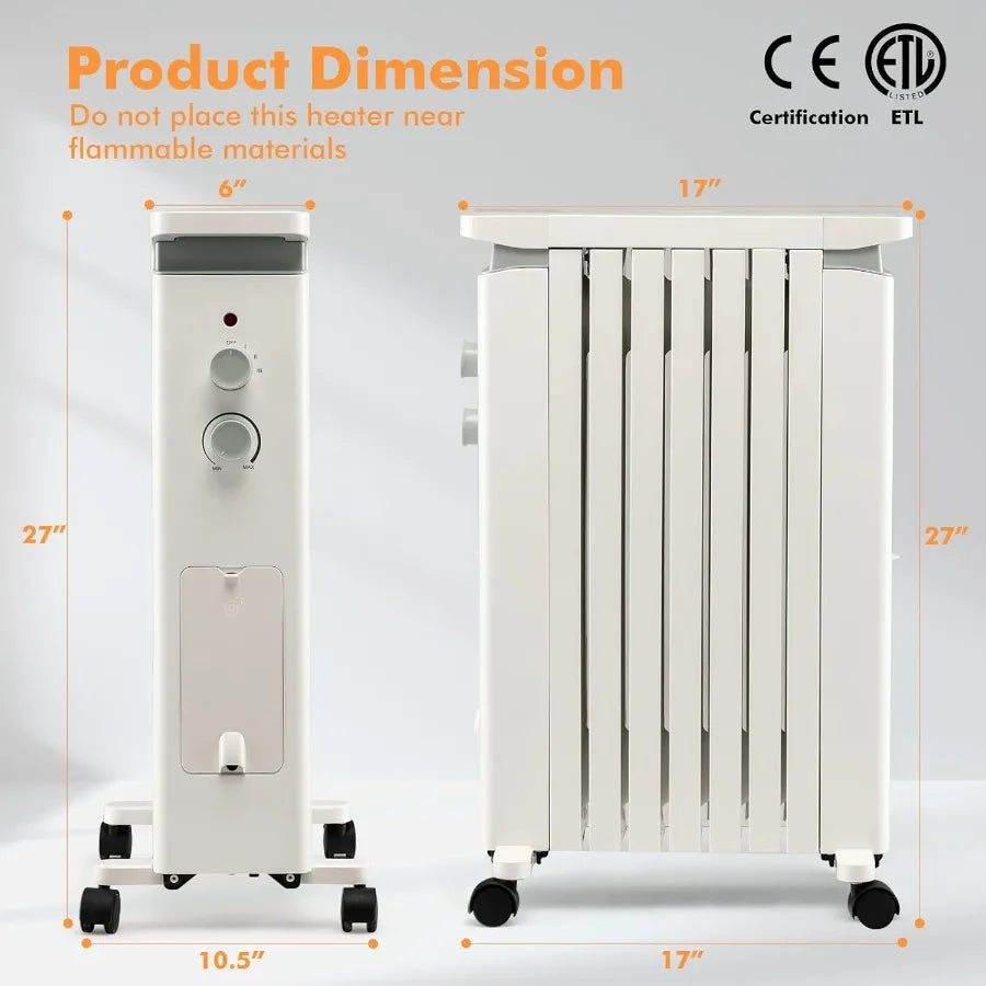 Oil-Filled Radiator Heater 1500W Electric Space Heater with 3 Heat Settings Thermostat Overheat Tip-Over Protection Hanging Rac