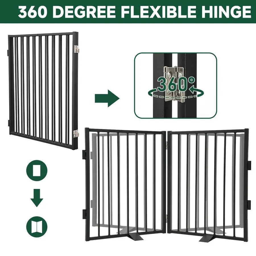 Full Metal Freestanding Dog Gate,Indoor Pet Gate with Floor Protect Support Feet, 40x32Inches Foldable Dog Fence for Stairs, Hal
