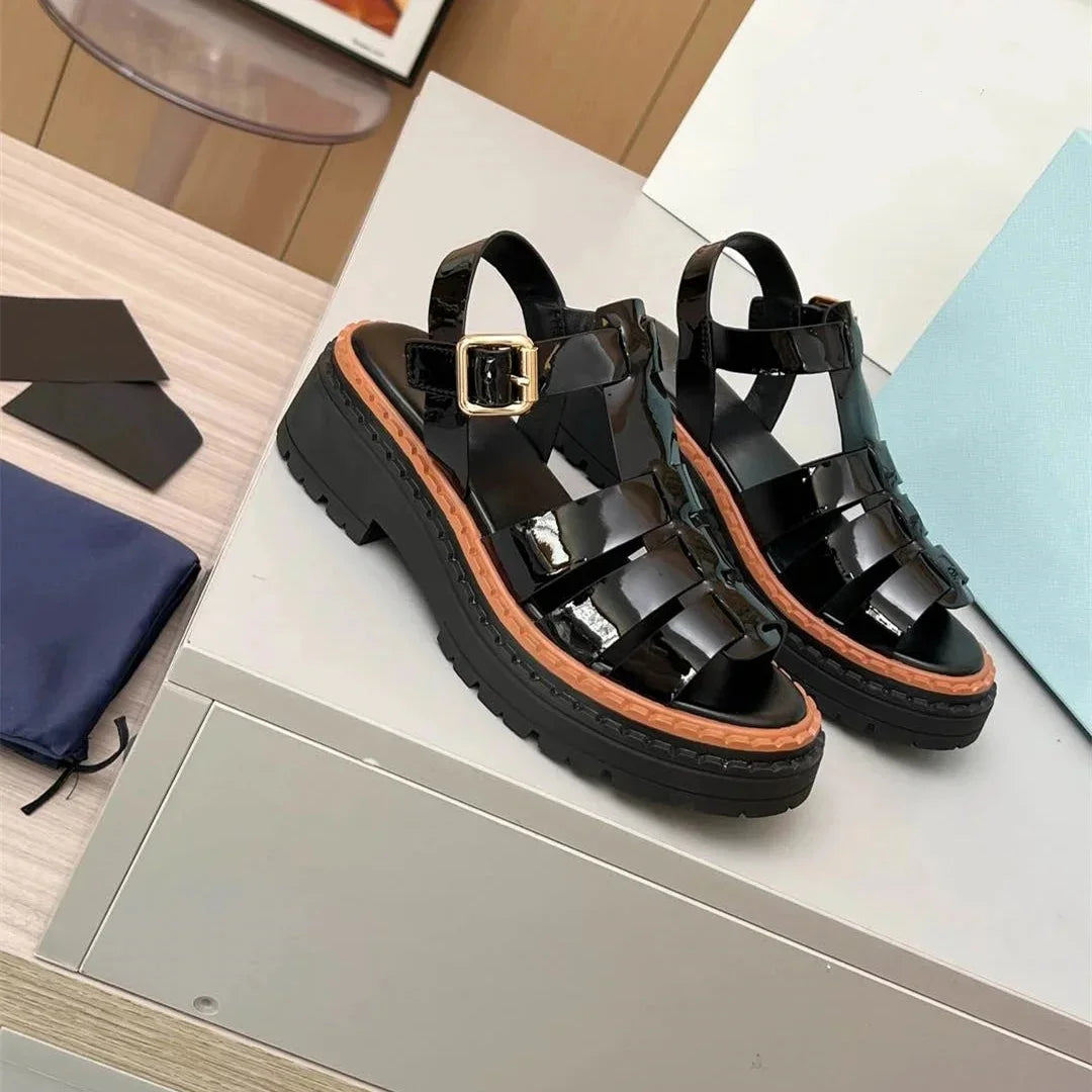 Shoes Women Size35-41 Genuine Leather Sandals Med Heels Gladiator Flat Platform Summer Flats Designer Shoes Zapatillas De Mujer