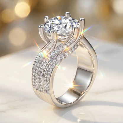 5 Carat Round Moissanite Ring, D Color VVS1, 925 Sterling Silver, Twisted Shank Pave Setting Wedding Band, Pass Diamond Tester