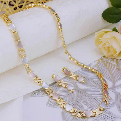 Gold Plated Heart Necklace & Earrings Set for Women, Tricolor XOXO Design, Wedding Bridal Dress Accessory