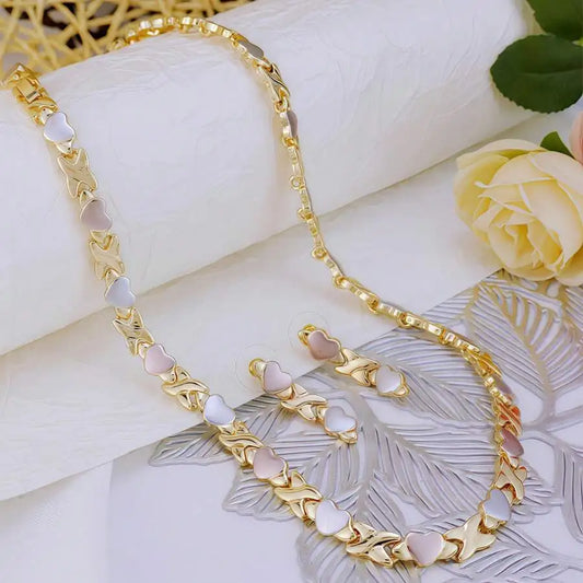 Gold Plated Heart Necklace & Earrings Set for Women, Tricolor XOXO Design, Wedding Bridal Dress Accessory
