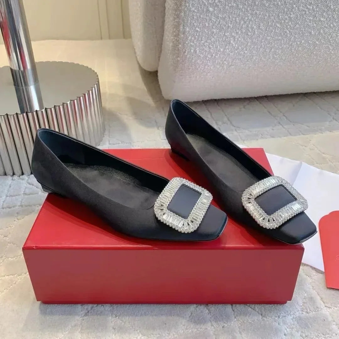 2026 Classic Silk Square-Toe Shallow Woman Flats Square-Button Decora  Mouth Single Shoes Willow Fashion Females Banquet